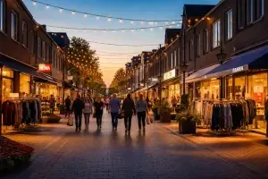 Gezellige winkelstraat in Best tijdens koopavond met verlichte etalages en winkelend publiek.