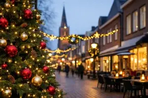 Kerstversiering en verlichte winkelstraat in Best tijdens de feestdagen.