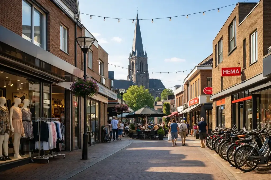 Winkelstraat in Best met winkels, fietsen en kerktoren op de achtergrond.