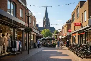 Winkelstraat in Best met winkels, fietsen en kerktoren op de achtergrond.