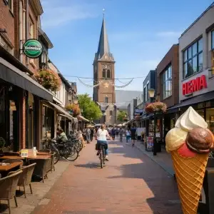 Bedrijven in Best Drukke winkelstraat in het centrum van Best met kerk op de achtergrond.