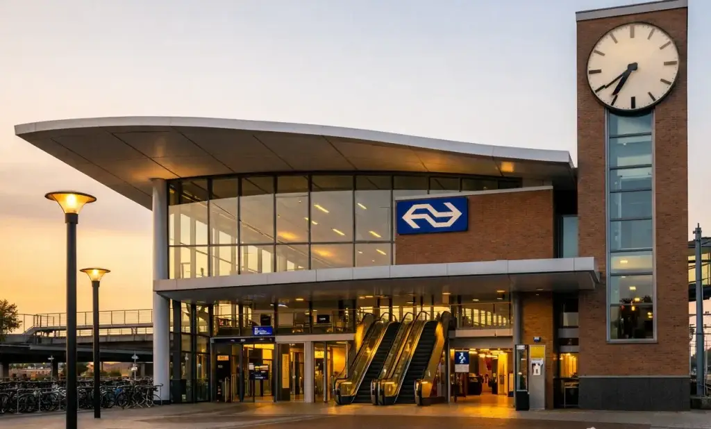 Ingang van Station Best overdag met reizigers bij de entree.