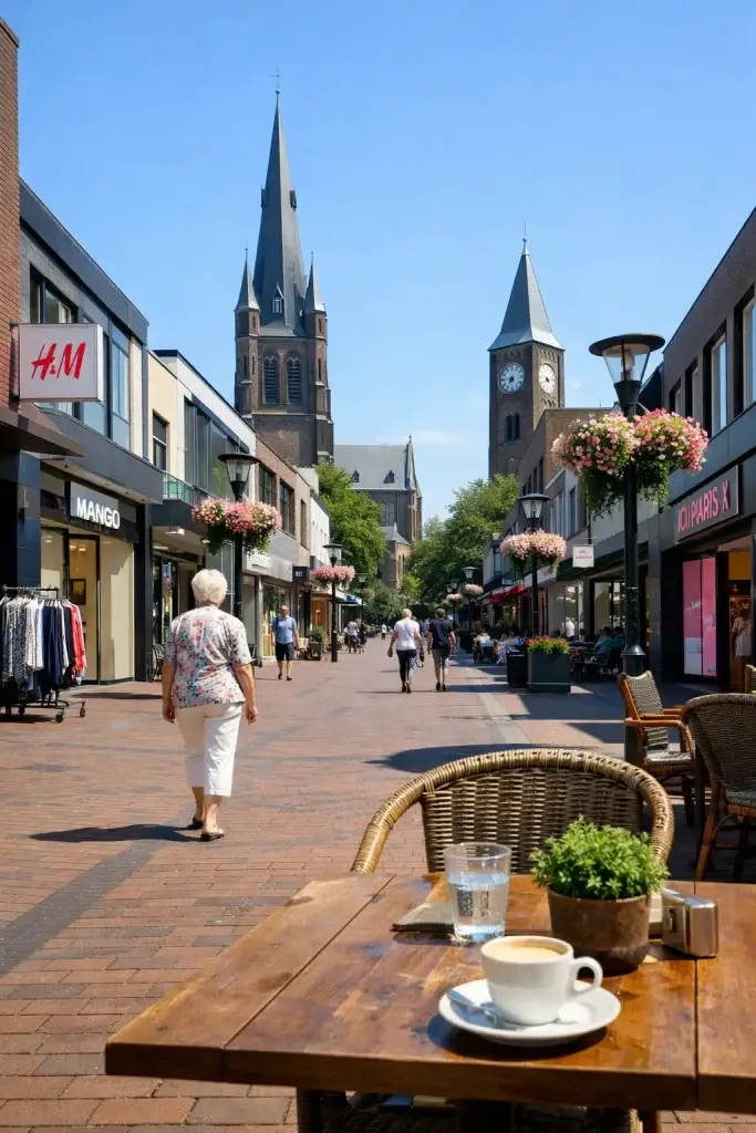 Modern winkelcentrum in Best met bezoekers bij de ingang overdag