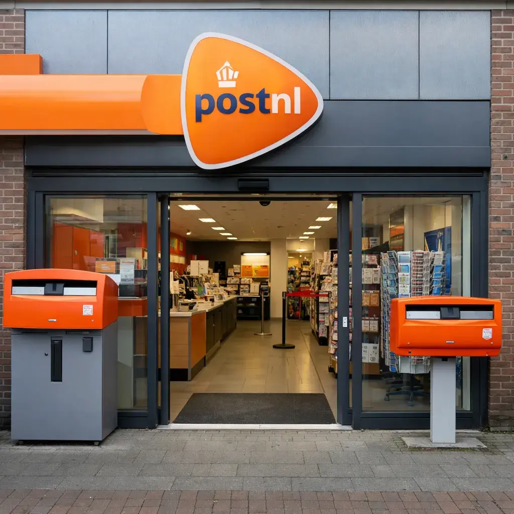 Gevel van een PostNL-punt in Best overdag met ingang en pakketkluisjes zichtbaar.