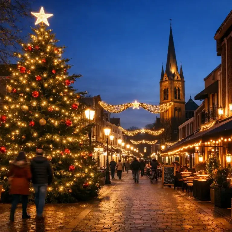 Verlichte kerstboom en feestelijk versierde winkelstraat in Best bij avond