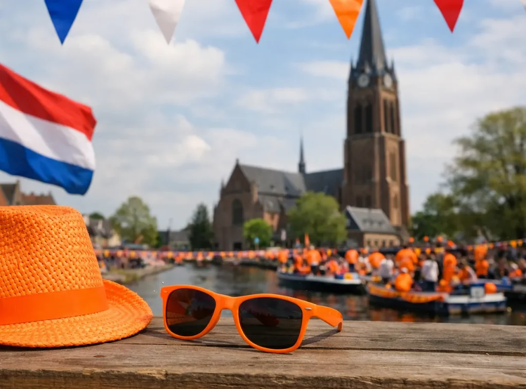 Oranje feest op Koningsdag in Best met vlag en kerk op de achtergrond