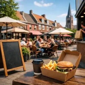 Terras in Best met burger en friet op tafel op zonnige dag