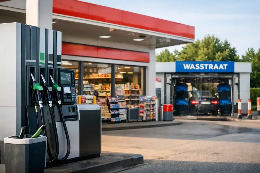 Tankstation in Best met benzinepompen, shop en wasstraat bij daglicht