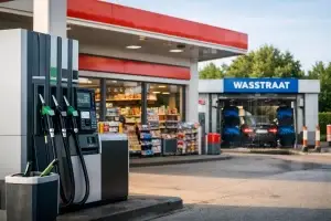 Tankstation in Best met benzinepompen, shop en wasstraat bij daglicht