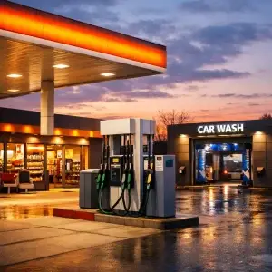 Modern tankstation in Best met brandstofpompen en wasstraat in de avondzon