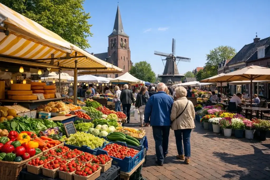 tekst: Kramen en bezoekers op de weekmarkt in Best onder een blauwe lucht