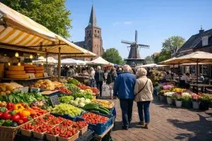 tekst: Kramen en bezoekers op de weekmarkt in Best onder een blauwe lucht