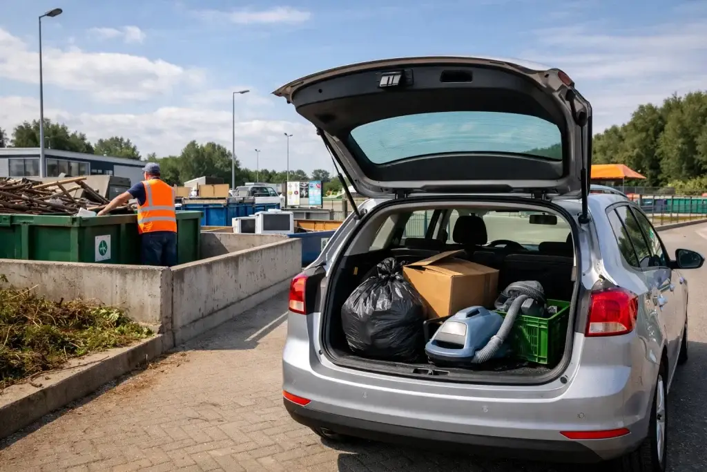 Auto met open kofferbak bij milieustraat in Best terwijl afval wordt uitgeladen.