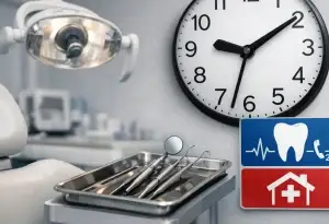 Bedrijven in Best Tandartspraktijk met behandelstoel, instrumenten en klok aan de muur