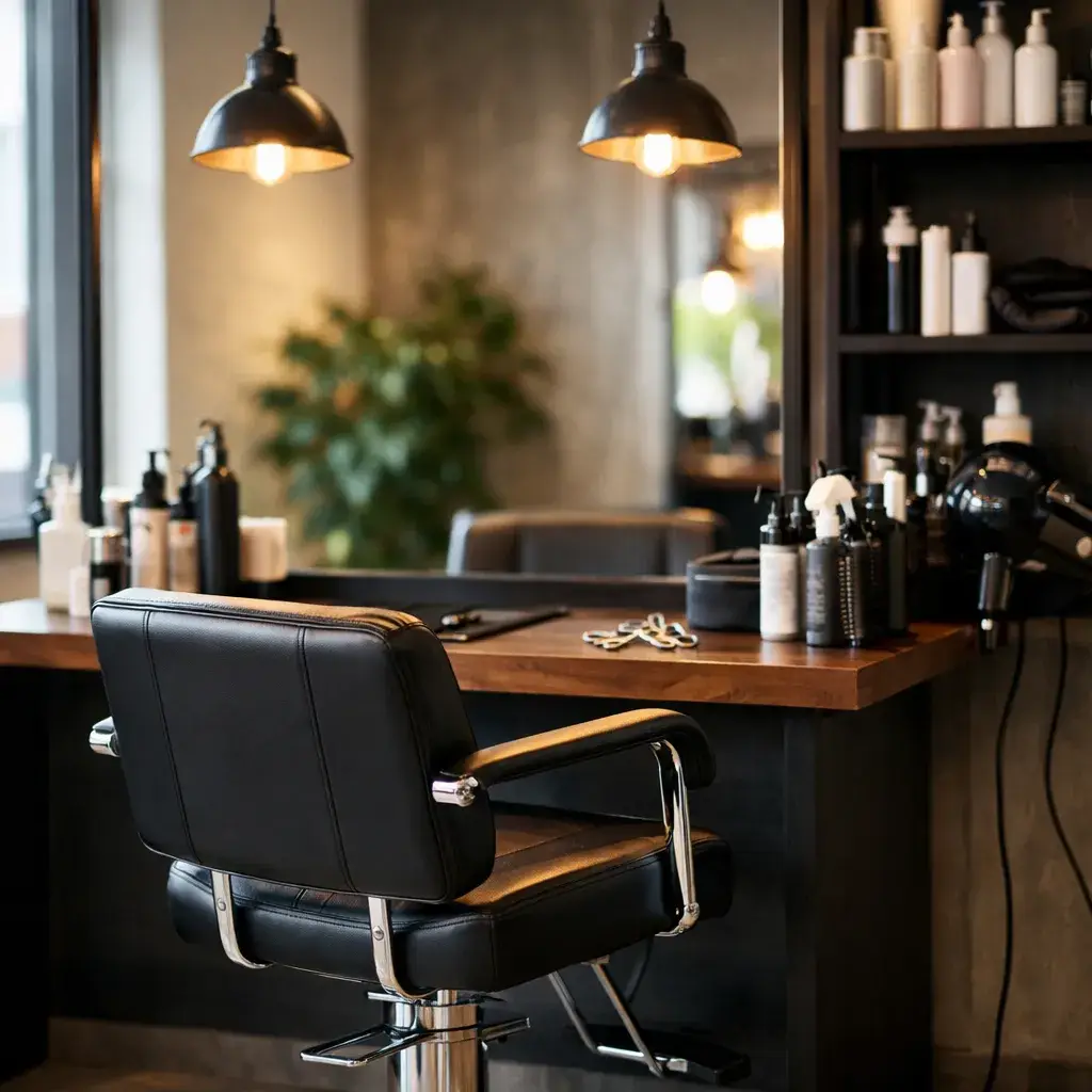 Moderne kapsalon interieur met kapstoelen en spiegels in Best