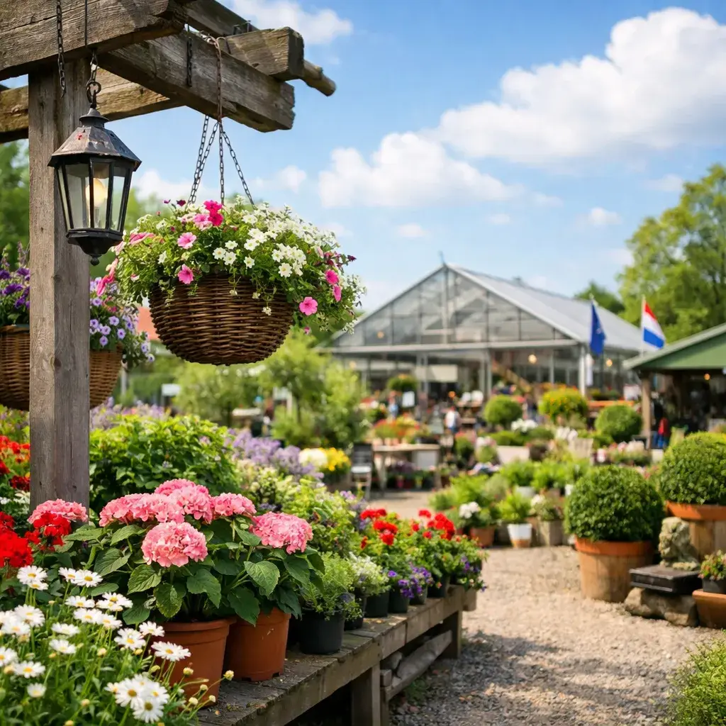 Realistische afbeelding van een tuincentrum in Best bij de ingang overdag