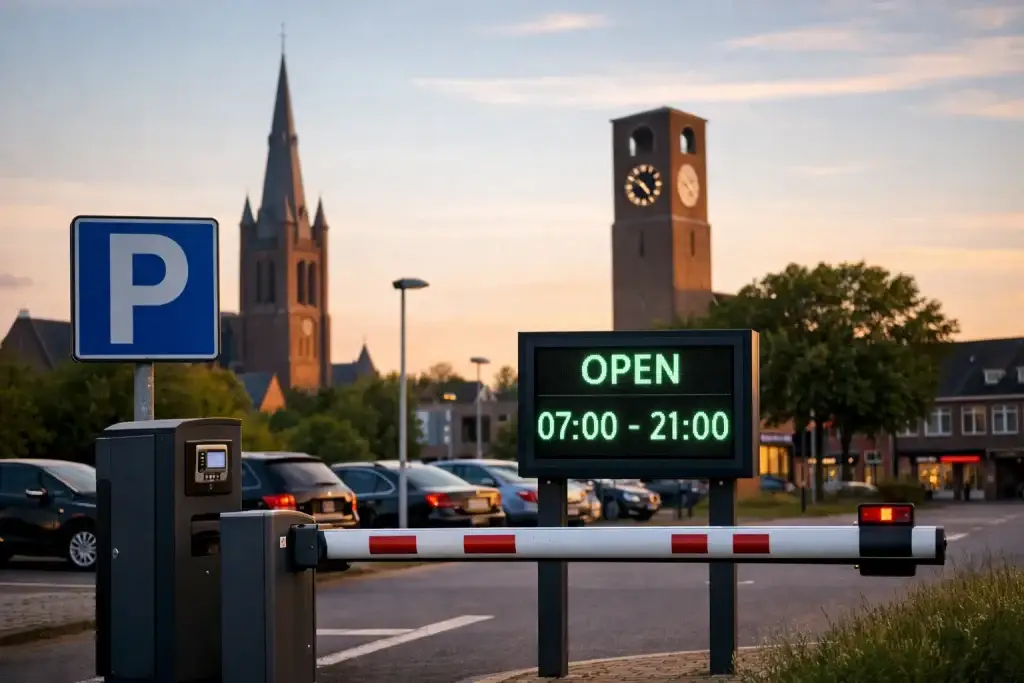 Realistische afbeelding van een parkeerterrein bij een winkel in Best overdag.