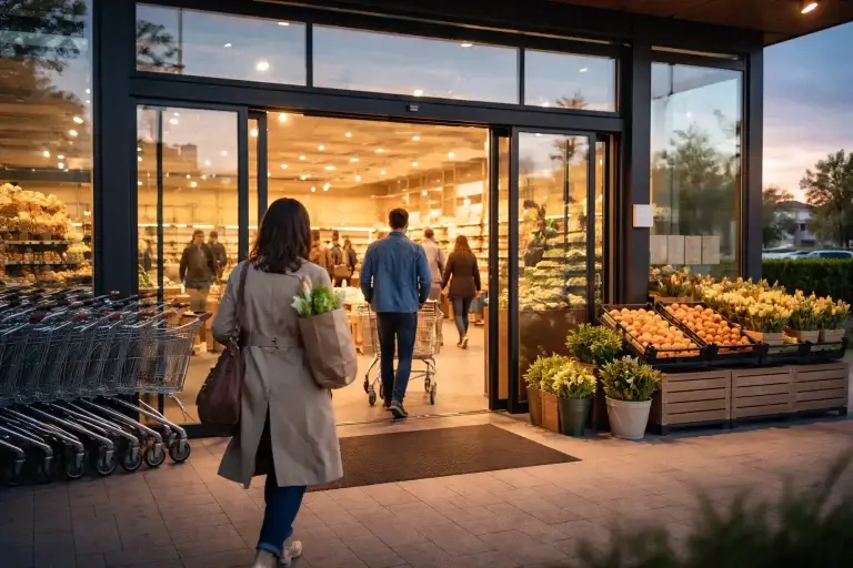 Klanten lopen een moderne supermarkt binnen bij openingstijd