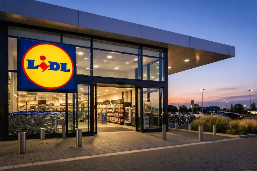 Buitenkant van een Lidl in Best met verlichte entree in de avond